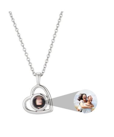 ZLHZW Personalized Picture Projection Necklace for Women - Custom Photo Love Heart Pendant - Customized Portrait Jewelry - Birthday Anniversary Memorial Gifts for Her Silver