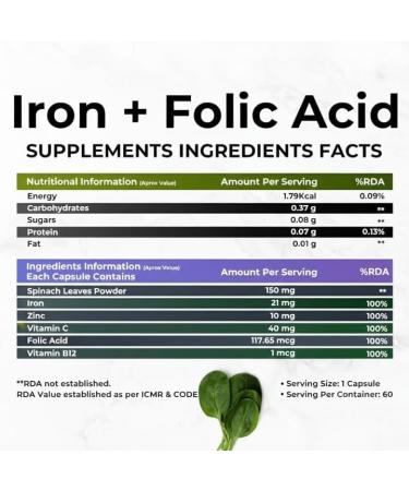 Iron + Folic Acid Supplement with Zinc Vitamin C & Vitamin B12 | 60 Veg Capsules | Supports Immunity and Energy | Enhances Iron Absorption| for Both Men & Women - Buy Online on GoSupps.com