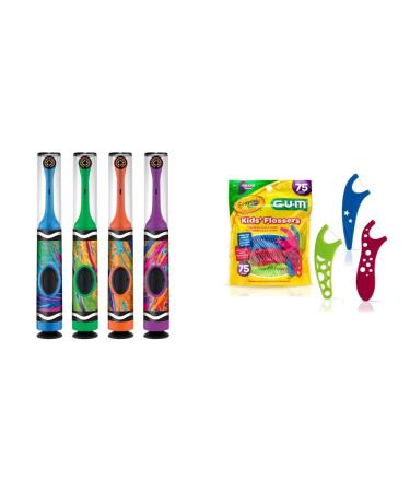 GUM - 10070942126127 Crayola Kids' Power Toothbrush with Travel Cap, Ages 3+, Assorted Colors (Pack of 4) & 897 Crayola Kids' Flossers, Grape, Fluoride Coated, Ages 3+, 75 Count 4 Brushes Toothbrush + Flossers