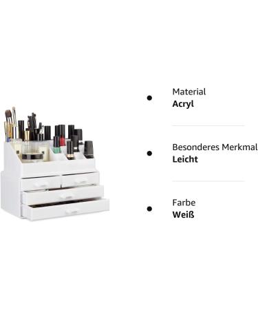 Relaxdays Small Make-Up Organizer - 2-Part Acrylic Storage with Lipstick Holder & 4 Drawers White - 19x24x13.5 cm - Buy Online on GoSupps.com
