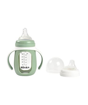 BEABA 2-in-1 Glass Baby Bottle to Glass Training Sippy Cup  Learning Cup  Baby Bottle with Soft Silicone Nipple and Sippy Spout  Baby  Toddler 7 oz (Sage) Charcoal