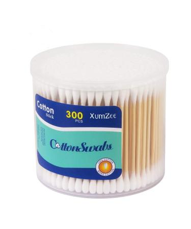 300ct Cotton Swabs with Strong Bamboo Sticks by Xumzee: 100% Pure Natural Cotton,Biodegradable, Chemical Free Cotton Buds 300 Count (Pack of 1)