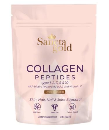 Sancta Gold Multi Collagen Peptides Powder 2 lbs for Skin Hair & Nails Type I II III V X Hydrolyzed Collagen Peptides with Hyaluronic Acid & Vitamin C Unflavored Protein Supplement for Women