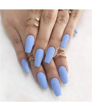 Flora matte ballerina press the nails blue medium coffin fake nails artificial acrylic full cover wrong nails for women and girls (24 pieces)