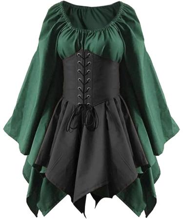 Women's Renaissance Medieval Costume Set - Flare Sleeve Corset Skirt & Overskirt in Medium Green - Buy Online on GoSupps.com