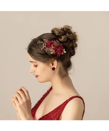 Handmade Red Flower Lace Bridal Hair Comb - Elegant Wedding Side Comb for Women - Buy Online on GoSupps.com