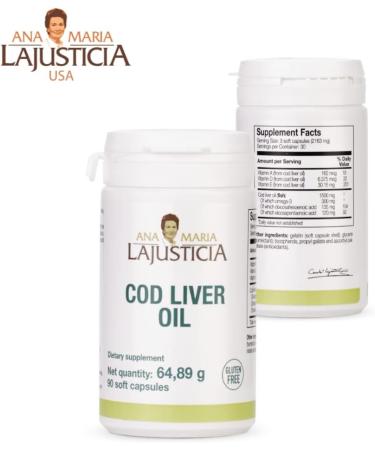 ANA MARIA LAJUSTICIA- COD Liver Oil - Rich in Omega-3 + Vitamins A, D & E. 30-Day Treatment Pack. Cardiovascular Health. Gluten Free. - Buy Online on GoSupps.com