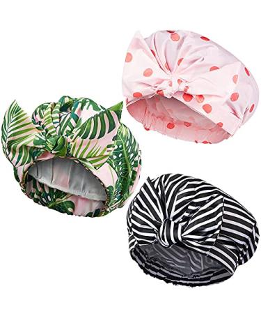 3 Pieces Shower Caps for Women, Waterproof Reusable Shower Hair Caps Elastic Hem Turban Shower Bath Caps for Long, Short and Curly Hair for Women Girls (Stripe, Coconut Palm and Polka Dot Pattern)