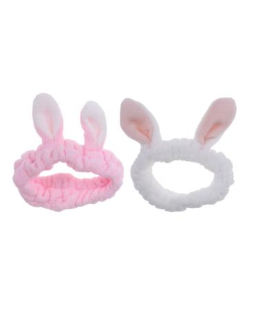 Minkissy 2pcs bunny ear headband soft makeup hairband cosmetic shower face wash headwrap for women (pink and white)