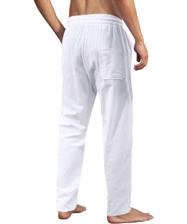 MorwenVeo Men's Linen Pants - Lightweight Drawstring Beach Trousers | White Medium - Buy Online on GoSupps.com