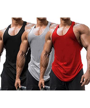 Babioboa Men's 3 Pack Gym Workout Tank Tops Y-Back Muscle Tee Stringer Bodybuilding Sleeveless T-Shirts X-Large Black/Grey/Red - 3 Pack