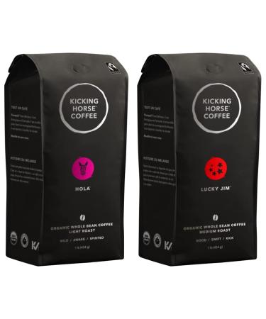 Kicking Horse Coffee Hola Light Roast Whole Bean 1 lb & Lucky Jim Medium Roast Whole Bean 1 lb - Certified Organic Fairtrade Kosher Coffee 454 g (Pack of 1)