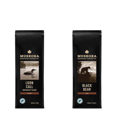 Muskoka Roastery Coffee Loon Call Breakfast Blend Medium Roast Ground Coffee 454g & Muskoka Roastery Coffee Black Bear Dark Roast Ground Coffee 400g Ground - 454g Coffee + Coffee 400 g (Pack of 1)