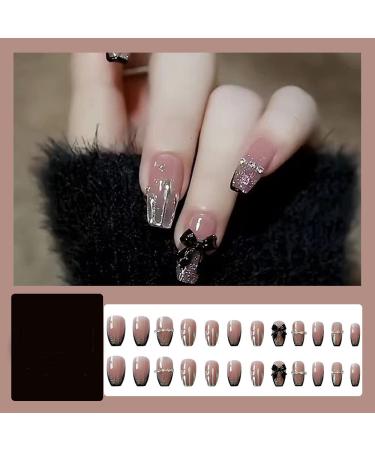 Pink Press On Nails Black French Tip with 3D Black Bow Knot Bling Rhinestones - 24pcs Medium Coffin Fake Nails for Women with Nail Glue - Buy Online on GoSupps.com