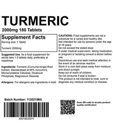 Turmeric 2000mg 180 Tablets - High Strength UK Made Supplement - Vegan Joint Health Support - Buy Online on GoSupps.com