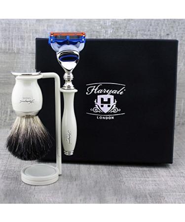 3 Pc Mens Shaving Kit 5 Edge Razor With Black Badger Hair Shaving Brush and Stand Perfect Set For Men