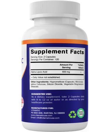 Vitamatic Alpha Lipoic Acid 600mg - 240 Non-GMO Vegetable Capsules - Gluten Free - Boost Your Health with 120 Servings - Buy Online on GoSupps.com