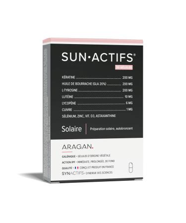 ARAGAN - Synactives - Sunactif - Self-tanning Food Supplement - Keratin, Borage Oil, L-Tyrosine, Zinc, Selenium and Vitamin D - 30 capsules - 15 to 30 days taken - Made in France