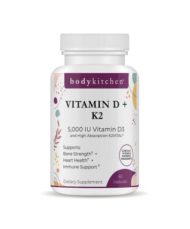 Body Kitchen Vegan Plant-Based Vitamin D3 + K2 (MK7) Supplement, Bone and Heart Health, Non-GMO, 5000 IU Vitamin D & 180 mcg Vitamin K2 MK-7, Easy to Swallow Veggie Caps, 60 Count