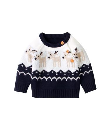 ESHOO Baby Boys Girls Christmas Deer Print Knitwear Pullover Sweater Boys Girls Xmas Jumper 6-12 Months Blue