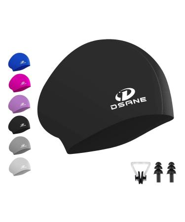 Womens Silicone Swim Cap for Long Hair,3D Ergonomic Design Silicone Swimming Caps for Women Kids Men Adults Boys Girls with Ear Plug and Nose Clip 1 Pack black