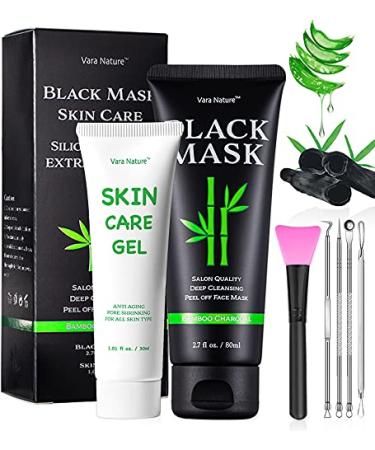 Blackhead Remover Mask 4-in-1 | Charcoal Peel Off Face Mask & Skin Care Gel & Extractor Tools & Silicone Brush | Deep Cleansing Peel Mask | Blackhead Mask Kit | Vara Nature