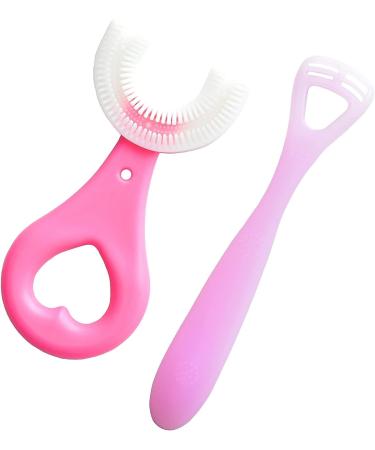 Kids U Shaped Tooth Brush & Tongue Scraper Set - Safe & Soft for Ages 2-6 | Pink - Buy Online on GoSupps.com