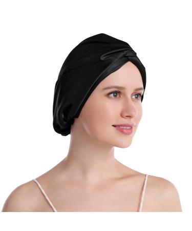 SOBONNY Silk Bonnet for Sleeping 100% Mulberry Silk Hair Wrap for Hair Care Double-Side Layer Sleep Cap for Curly Hair Black Night Bonnet for Women One Size Black(style One)