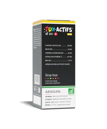 ARAGAN - Synactives - Tuxactif Bio 3+ - Cough and Irritated Throat Food Supplement - Chamomile, Honey, Acerola, Purple, Plantain, Vitamin C - 125ml - 4 to 12 days taken - Made in France