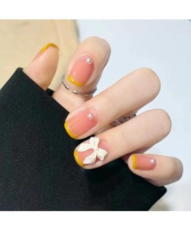 24Pcs/Set Press On Nails French Short Bow Pearl False Nails Acrylic Fake Nails Full Cover Nails Tips Artificial Finger Manicure Press on nails for Women and Girls