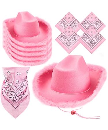 Tarpop 12 Set Pink Cowboy Hats Costume 12 Pink Cowgirl Hat 12 Paisley Bandanas for Western Cowgirl Party Costume Accessories Fluffy Style