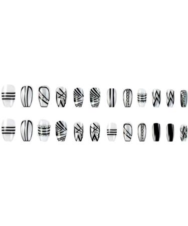 Press on Nails Medium Fake Nails Black Plaid pattern False Nails with Dot diamond Press on Nails Designs Acrylic Nails Press on Artificial Nails Stick on Nails For Women Girls 24Pcs - Buy Online on GoSupps.com