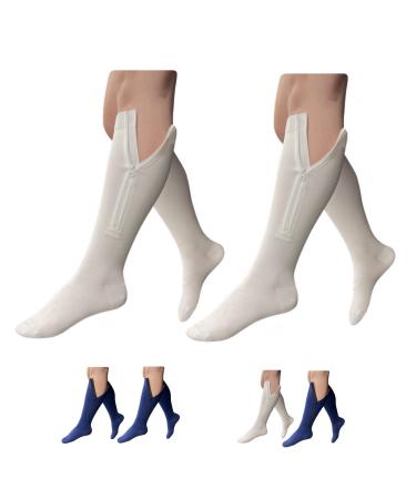 HealthyNees Closed Toe 15-20mmHg Compression Zip Socks White Navy 2 Pairs 3X-Large White