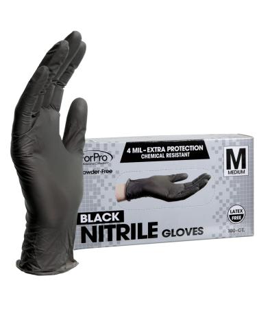 ForPro Disposable Nitrile Gloves, Chemical Resistant, Powder-Free, Latex-Free, Non-Sterile, Food Safe, 4 Mil, Black, Medium, 100-Count Medium (Pack of 100) Black