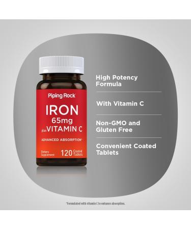 Piping Rock Iron Supplement 65 mg with Vitamin C | 120 Tablets | Advanced Absorption | Vegetarian Non-GMO and Gluten Free - Buy Online on GoSupps.com