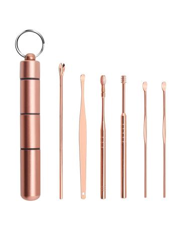 Ear Wax Removal kit Ear Pick Tools Stainless Steel 6-in-1 Ear Cleaner Reusable Ear Curette Ear Cleaning Set with Keychain Storage Box for Ear Clean (Rose Gold)