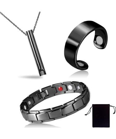 Ksjehw 3 pieces lymph detox titanium steel magnetic hard band & ring for men with ultra -high 3500 gauss magnetic magnetic tab and copper magnet ring breath chain for relief (black)