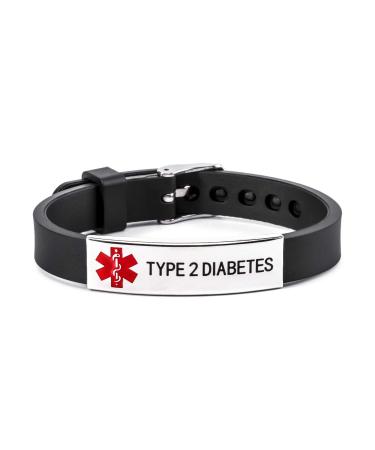 Type 2 Diabetes Medical Alert ID Bracelet Stainless Steel and Silicone Wristband Black for Men women