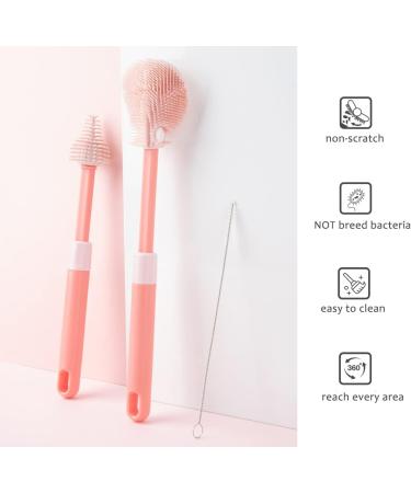 Baby Bottle Brushes Set - Extendable Long Handle, 3 Pieces Pink - Cleaning Silicon Teat, Milk, Water Bottles - Cleaner - Buy Online on GoSupps.com