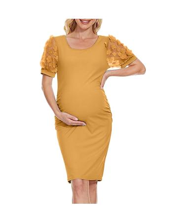 Robe d' t pour femme - Manches courtes - D contract e - Fleurs - l gante - Mini robe de maternit - Pour f te s ance photo - Couleur unie - Confortable S Jaune