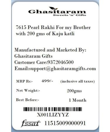 Ghasitaram Gifts Rakhi for Brother Rakhis Online -7615 Pearl Rakhi for My Brother with 200 GMS of Kaju katli Rakhi with 200 gms of Kaju katli - Buy Online on GoSupps.com