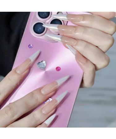 French Tip Press on Nails-Press On Nails with Nail Tips Pearlescent style false nails elegant long pointed pink white false nails Design Glossy press on nails Acrylic False Nails Cute Artificial Nails