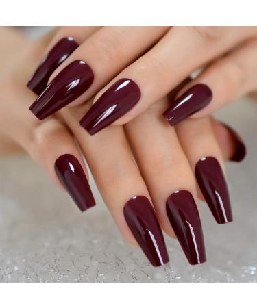 A N K 24 pieces Long Coffin Bellarine Tapered full coverage glossy false Nails Fake Arcylic press on nails hand manicure for women and girls (Maroon/Burgundy)