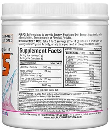 ALLMAX Nutrition AMINOCUTS (ACUTS) Amino-Charged Energy Drink with Taurine L-Carnitine Green Coffee Bean Extract Cotton Candy 30 Servings - Buy Online on GoSupps.com