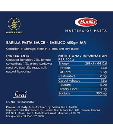 Barilla Basilico Pasta and Pizza Sauce 400g Italy Non - GMO Project Verified Vegan Gluten free No added Colour or Presevatives Pasta Pizza 400 g (Pack of 1) - Buy Online on GoSupps.com