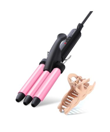 Youuish Mini Hair Crimper 1/2 Inch Small 3 Barrel Curling Iron Hair Waver Dual Voltage for Home and Travel Triple Ceramic Tiny Barrels Create Natural Tight Beachy Waves Pink