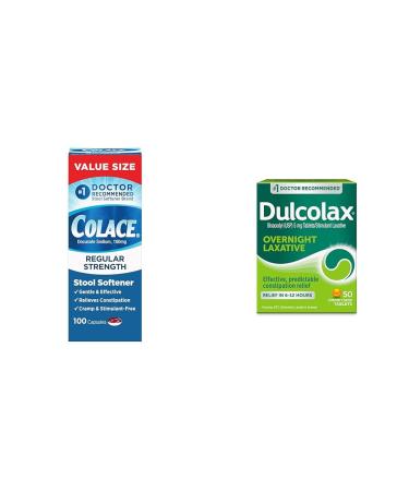 Colace Stool Softener Capsules and Dulcolax Overnight Relief Tablets Bundle for Gentle Constipation Relief