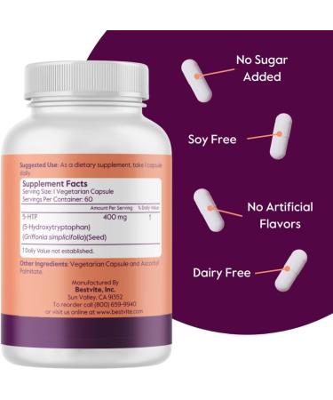 Buy BESTVITE 5-HTP 400mg - Vegan Non-GMO Gluten-Free Extra Strength 60 Capsules - Fast International Shipping - Buy Online on GoSupps.com
