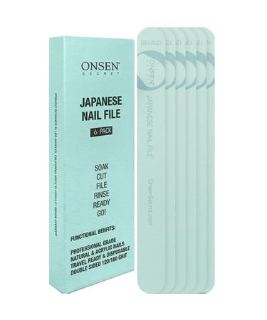 Onsen Secret Japanese Nail File - Professional 6-Pack Nail Files, Double Sided Natural & Acrylic Nail Filers - 120/180 Grit - Disposable, Salon Smooth, Travel Best Nail File For Shiny Nails (6 Counts) 6 Count (Pack of 1)