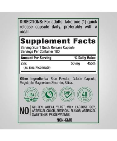 Zinc Picolinate 50mg Supplement | 180 Capsules | Piping Rock - Buy Online on GoSupps.com